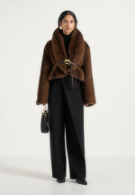 Nola - Fur Shawl Jacket with Leather Belt - Brown