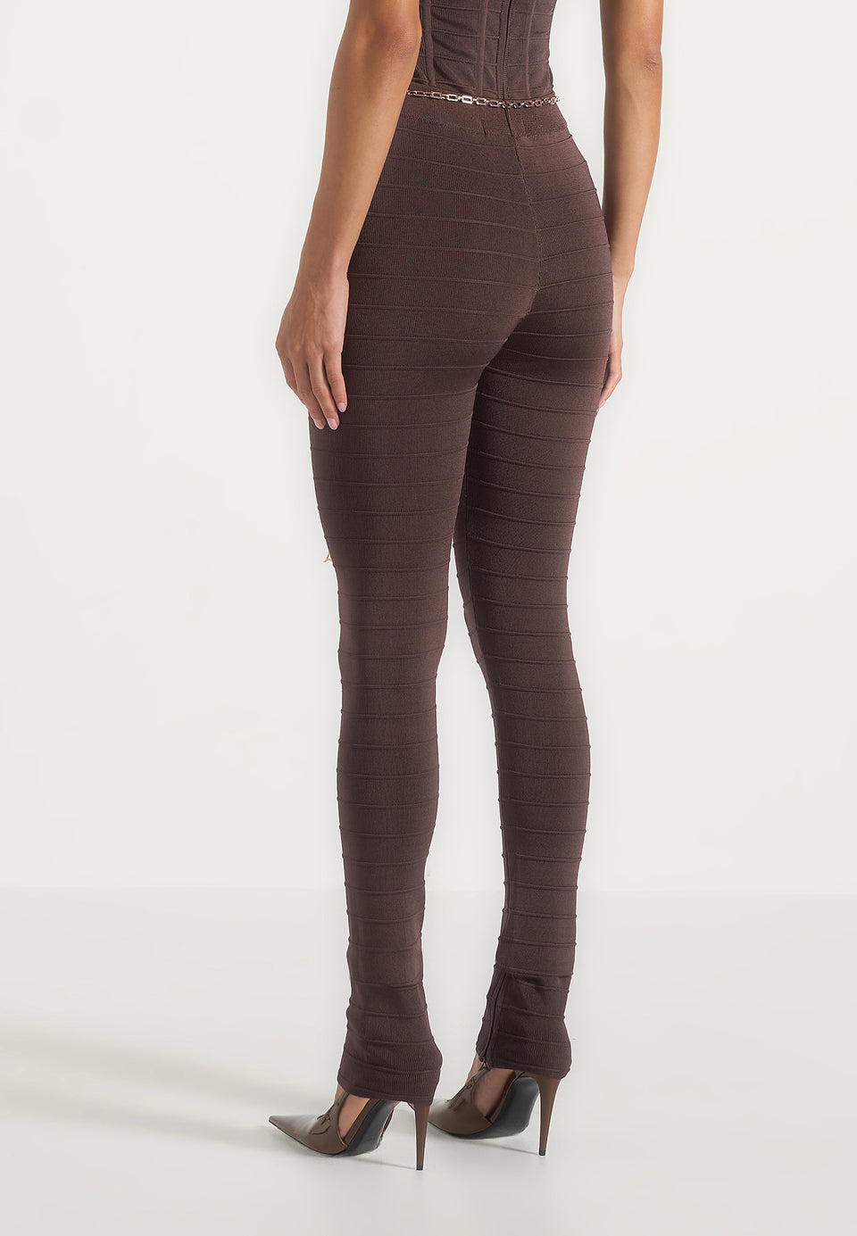 Leigh - Ottoman Bandage Knit Split Hem Leggings - Brown