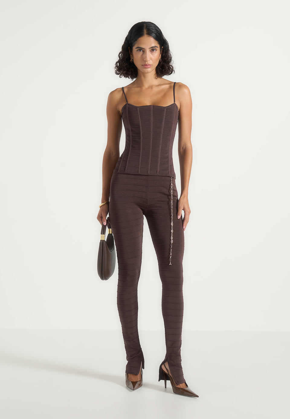 Leigh - Ottoman Bandage Knit Split Hem Leggings - Brown