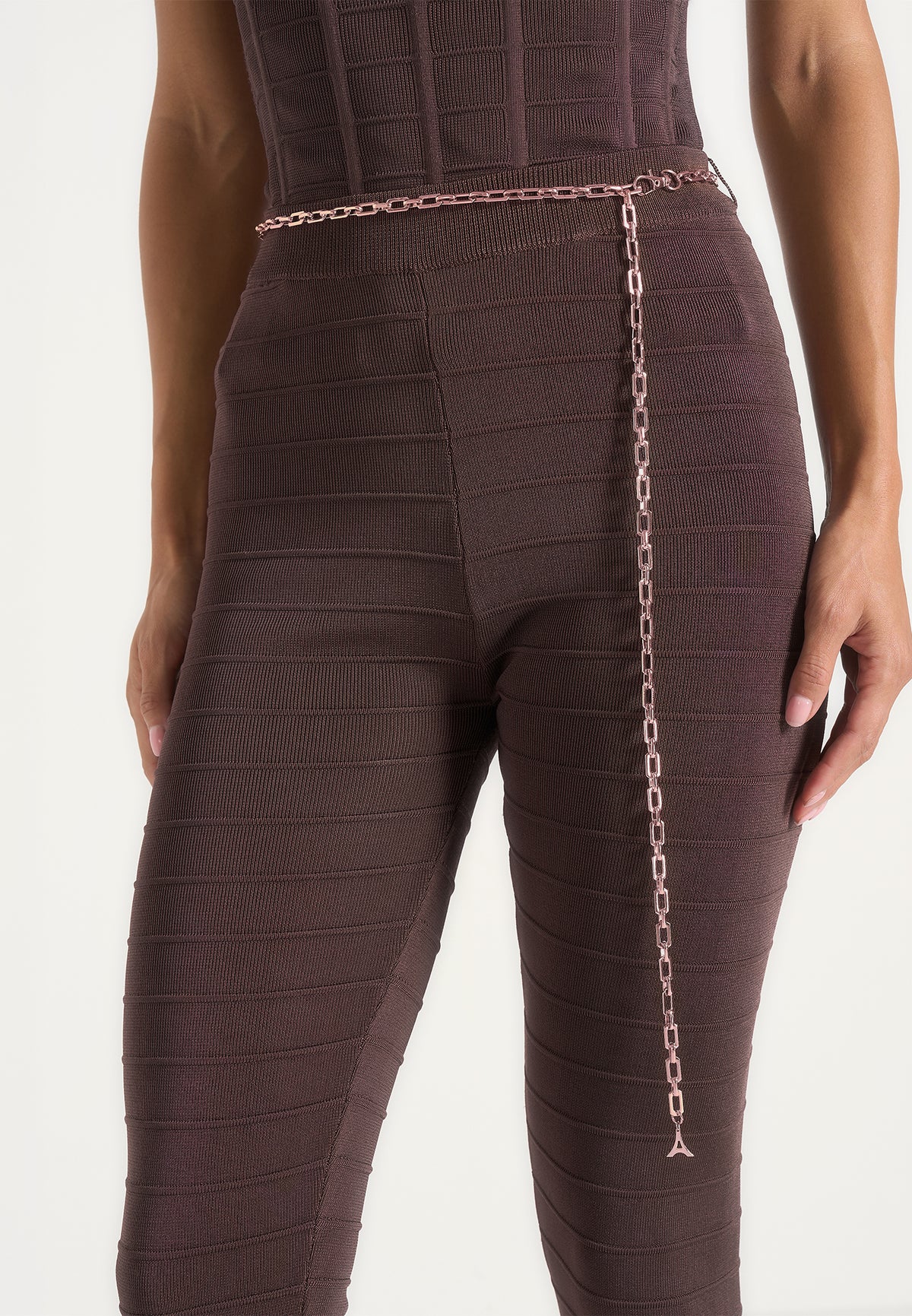 Leigh - Ottoman Bandage Knit Split Hem Leggings - Brown