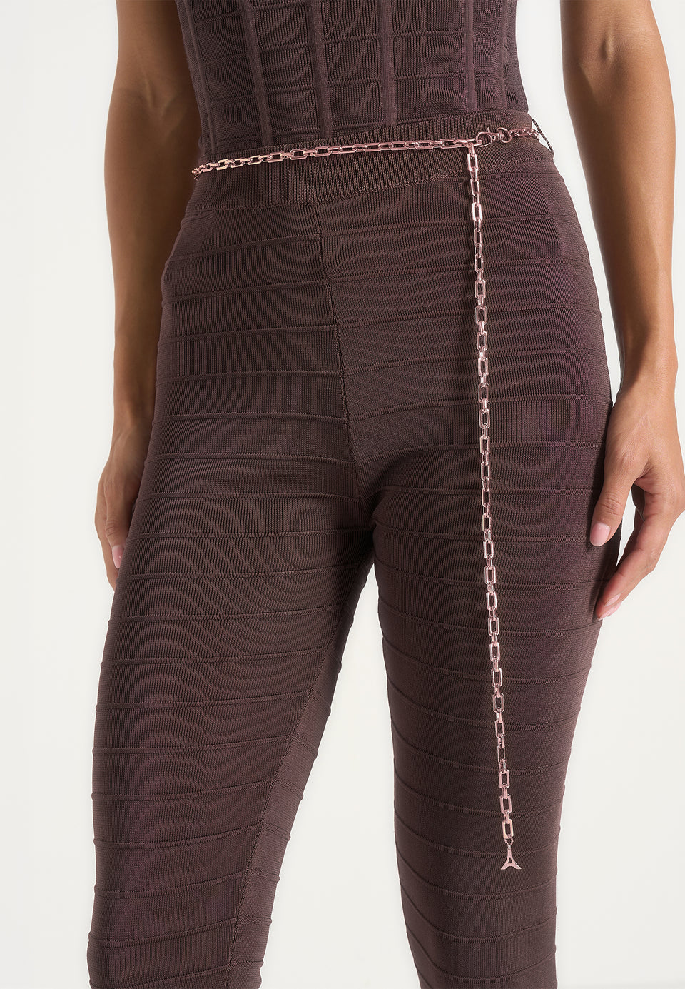 Leigh - Ottoman Bandage Knit Split Hem Leggings - Brown