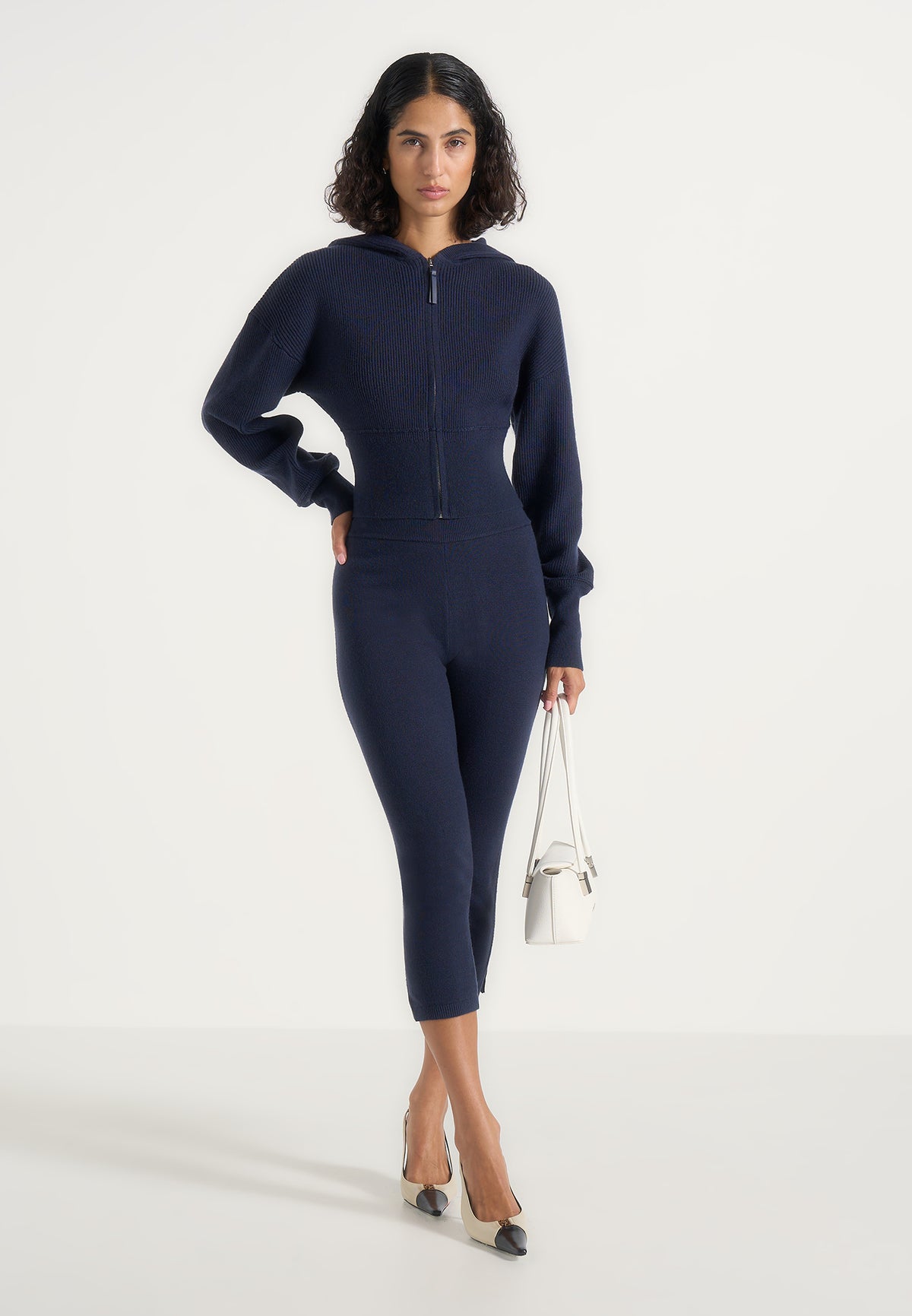 Lexie - Cropped Knit Zip Hoodie - Navy