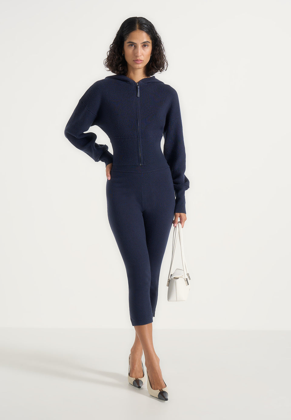 Lexie - Cropped Knit Zip Hoodie - Navy