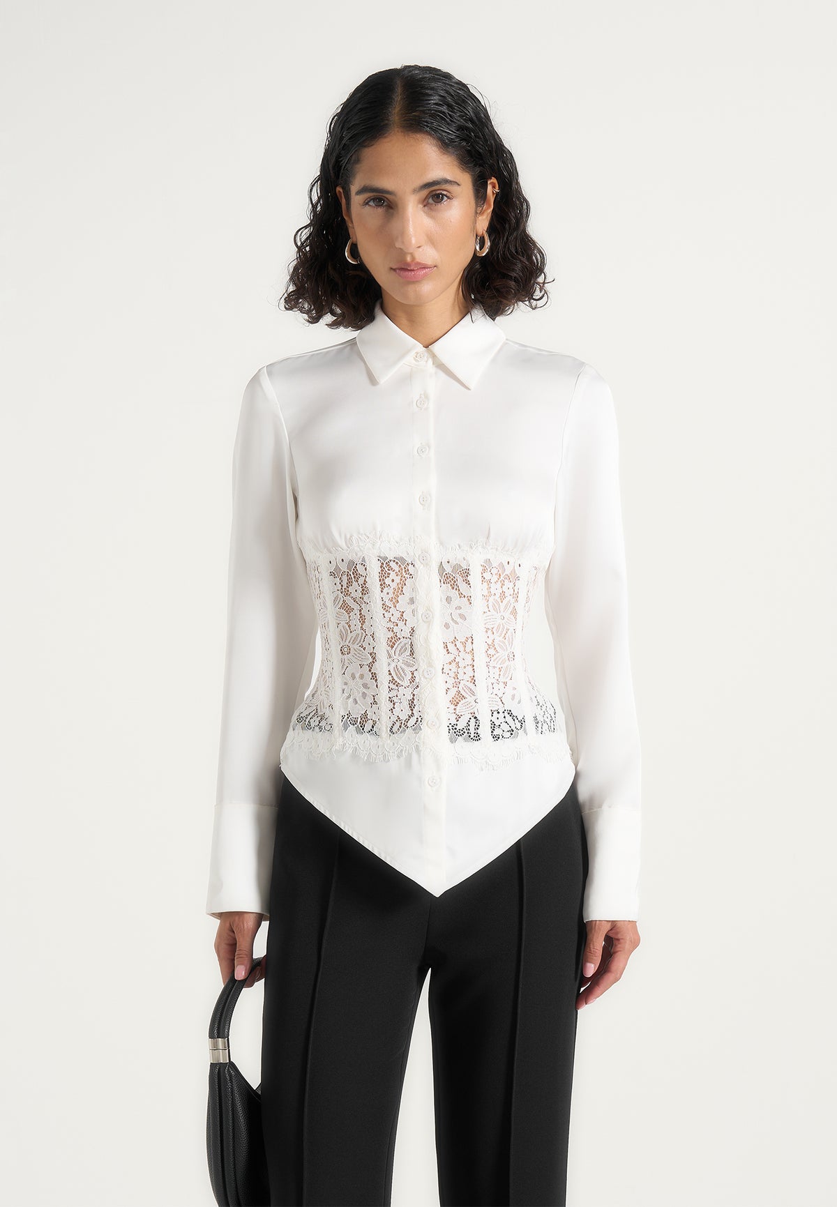 Ethel - Satin Shirt With Lace Corset Panel - Ivory
