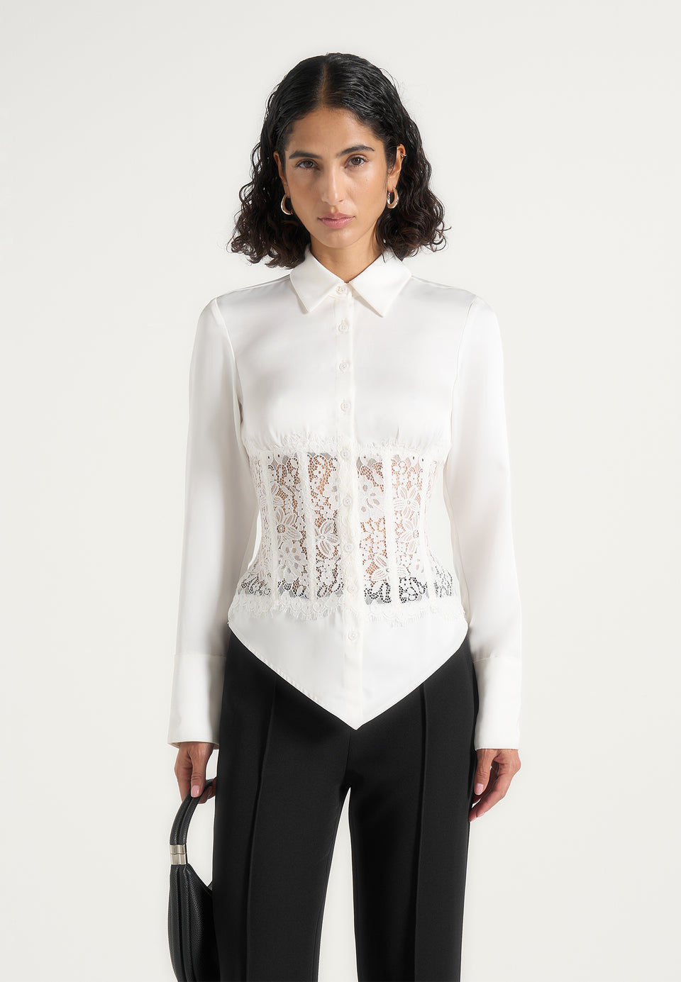 Ethel - Satin Shirt With Lace Corset Panel - Ivory