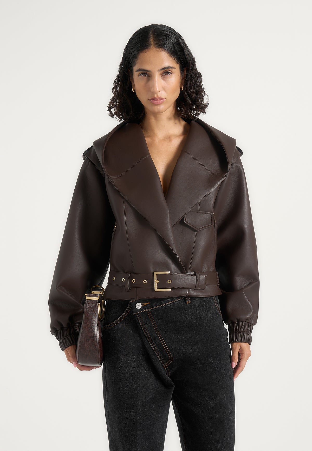 Tamsin - Hooded Cropped Leather Jacket With Belt - Brown