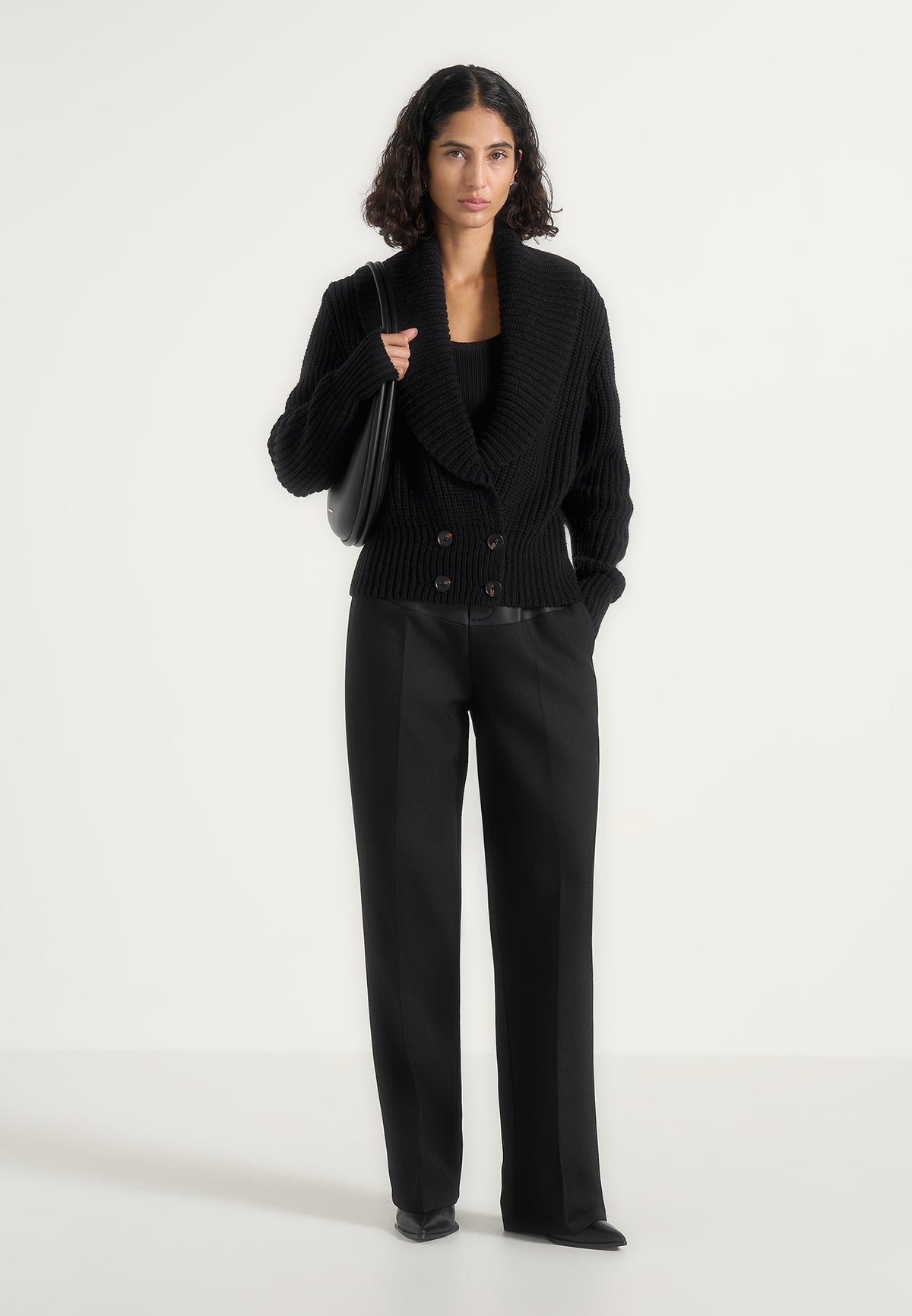 Makayla - Shawl Collar Rib Knit Cardigan - Black