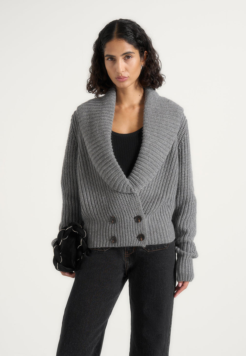 Makayla - Shawl Collar Rib Knit Cardigan - Grey