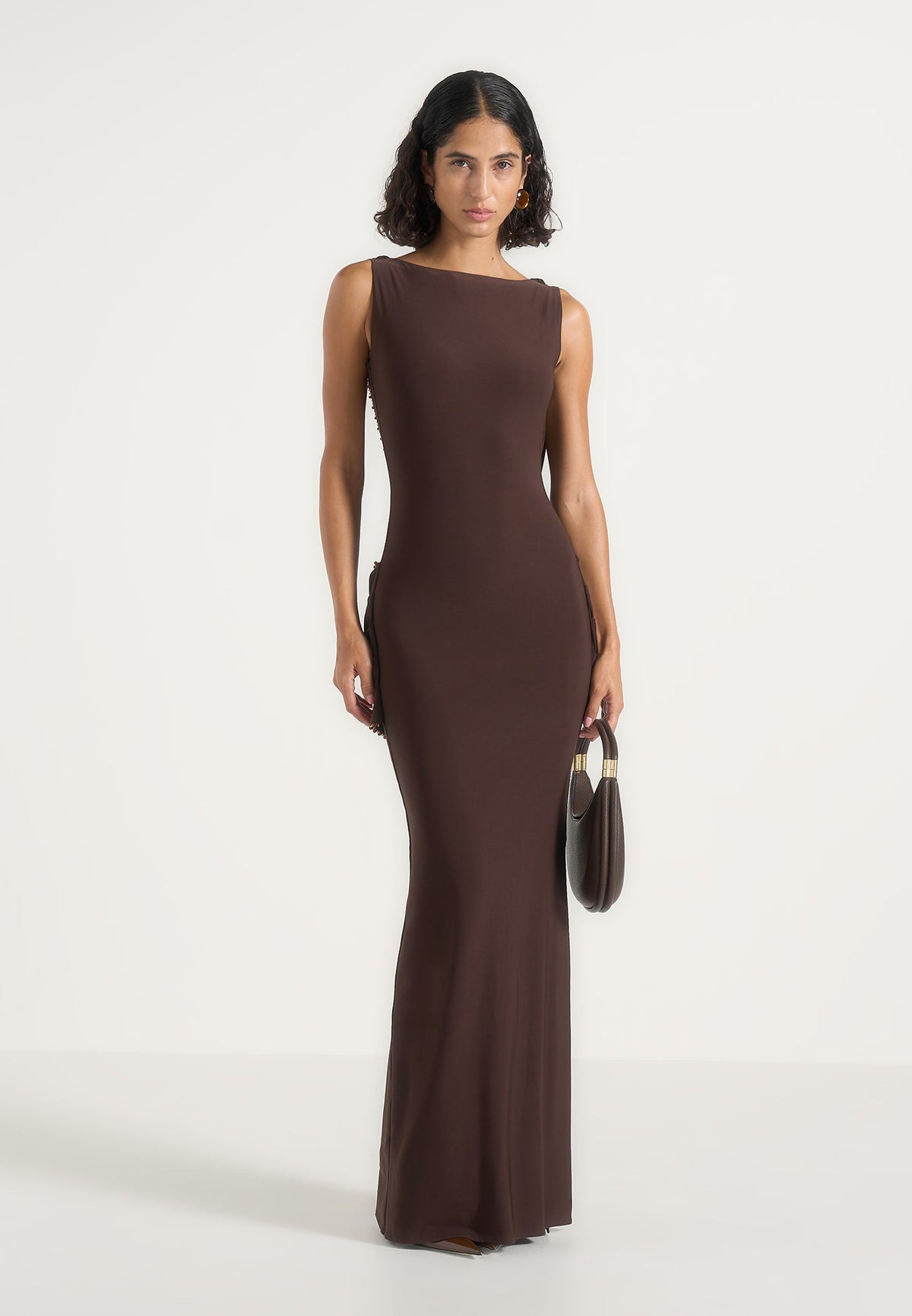 Livia - Chain Drape Open Back Maxi Dress - Brown