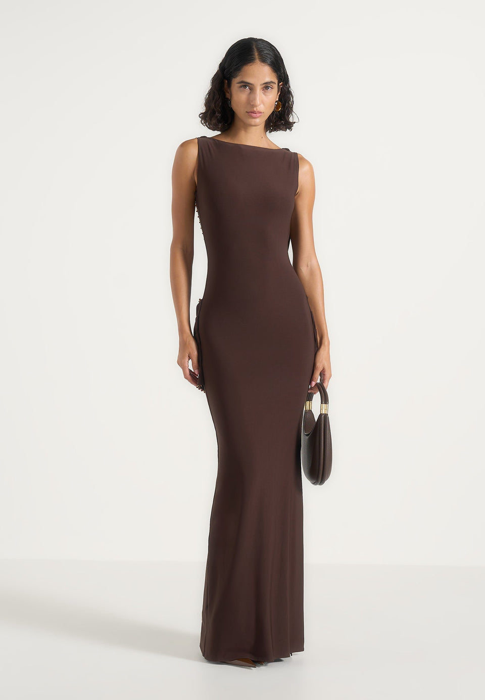 Livia - Chain Drape Open Back Maxi Dress - Brown