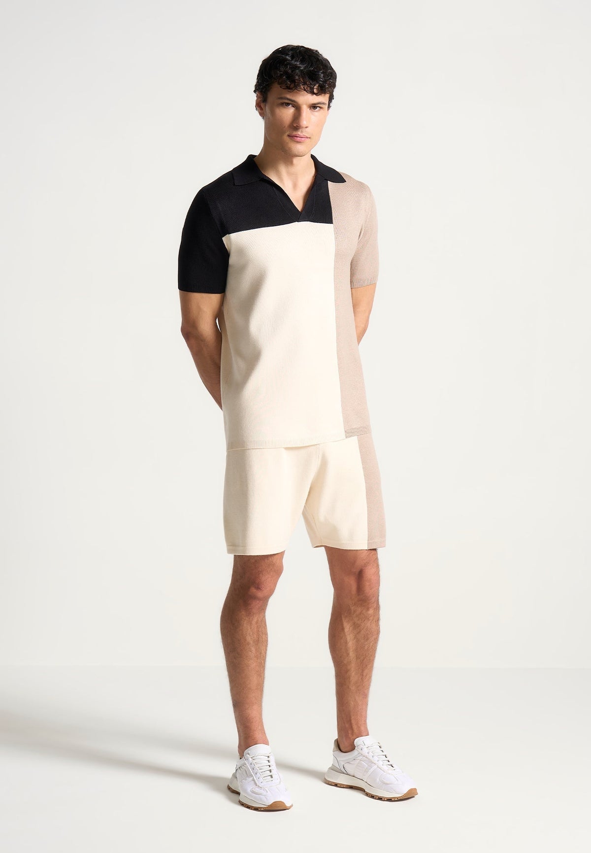 Colour Block Knit Shorts - Cream