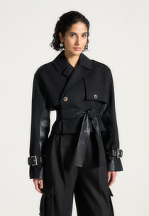 Noemie - Cropped Trench Coat with Belt - Black