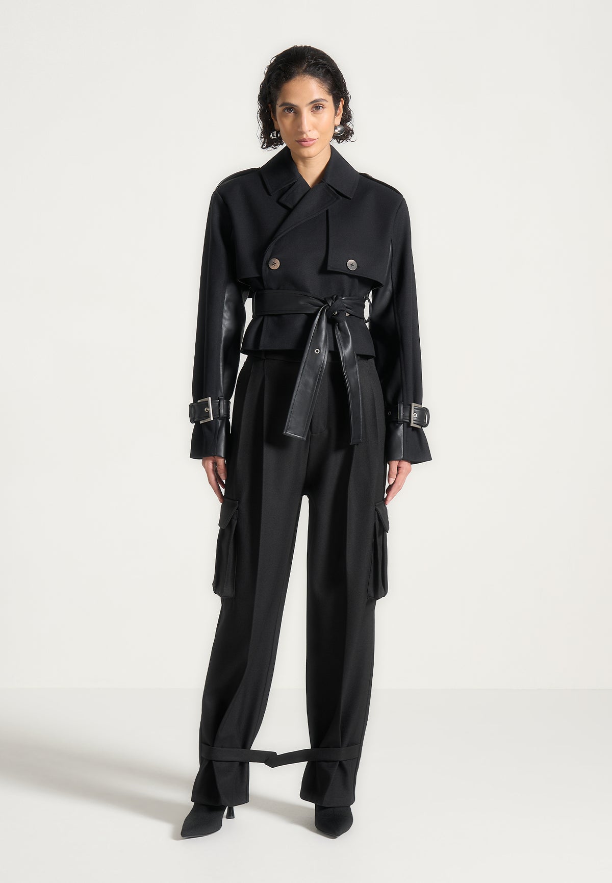 Noemie - Cropped Trench Coat with Belt - Black
