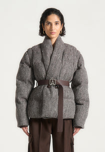 Taya - Herringbone Wool Wrap Belted Puffer Jacket - Brown