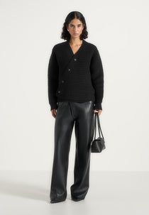 Dani - Asymmetric Brushed Wool-Blend Rib Knit Cardigan - Black
