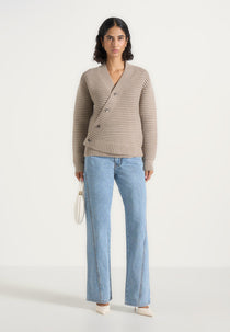 Dani - Asymmetric Brushed Wool-Blend Rib Knit Cardigan - Taupe