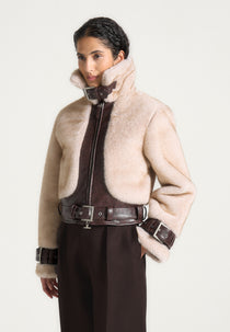 Deya - Plush & Leather Belted Jacket - Beige/Brown