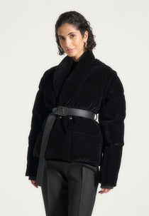Taya - Velvet Wrap Belted Puffer Jacket - Black