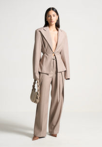 Wide Shoulder Tailored Blazer with Twin Belt - Beige