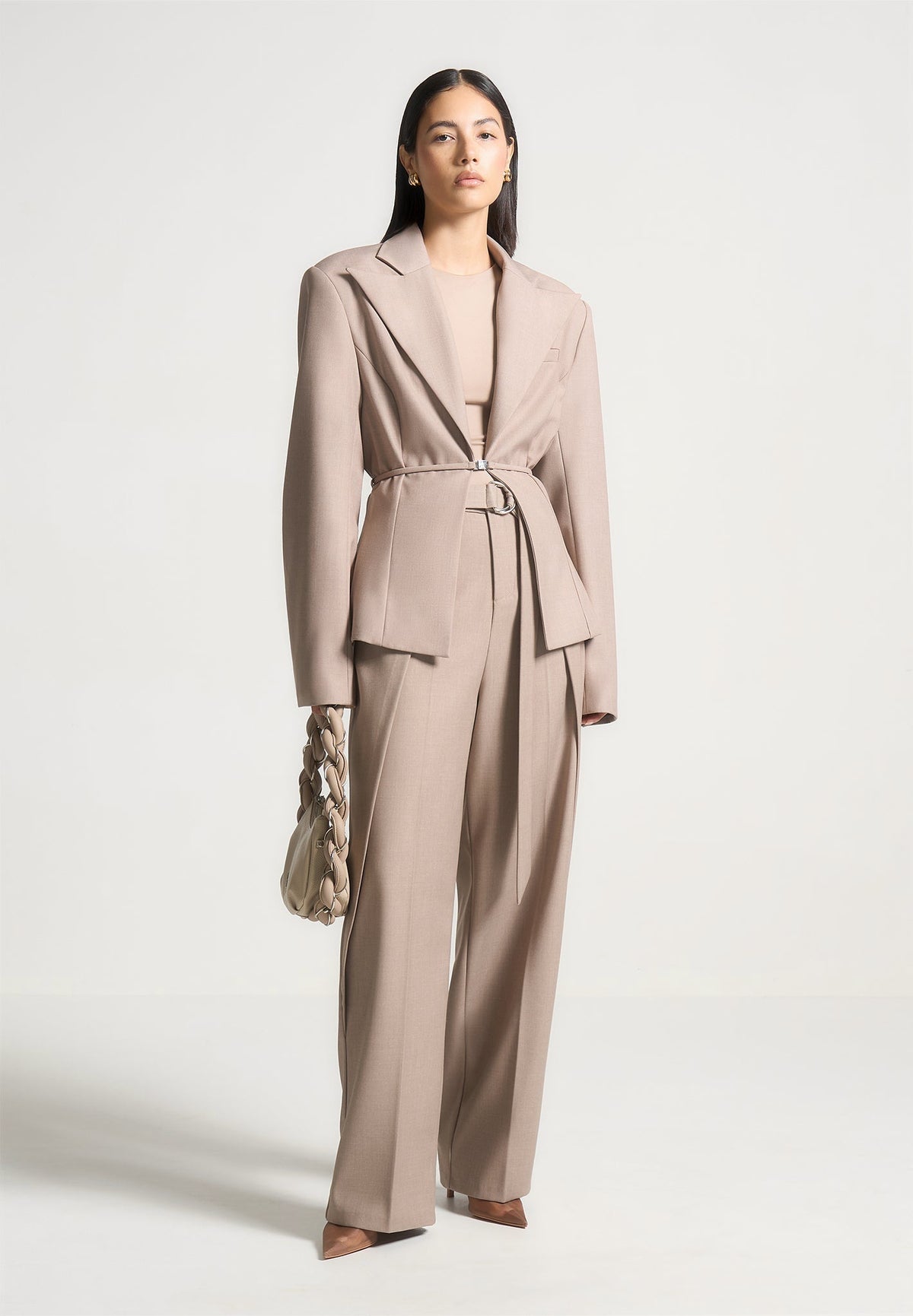 Foldover Dress Pants with D-Ring Belt - Beige